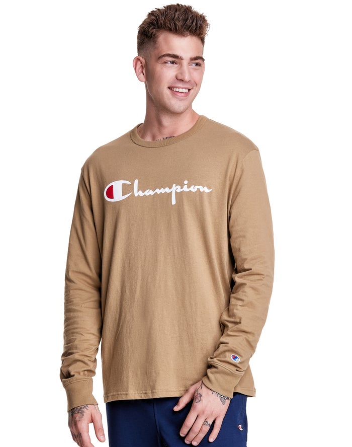 Tricou Champion Long-Sleeve Lightweight Script Logo Barbati Kaki - Romania QFSKPTW-85